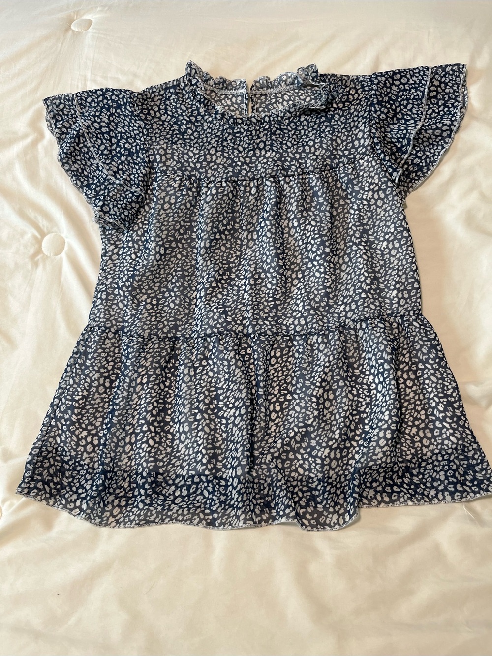 Navy Lined Patterned Ruffle Tiered Blouse Size Small
